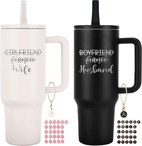Wedding Gifts for Couples 2025 Husband and Wife 40 oz Tumbler Cup for Couples with Handle Lids Straws Letter Charm Accessories 2 Pack Engagement gifts for Couple Bridal Shower Gifts for Bride Groom