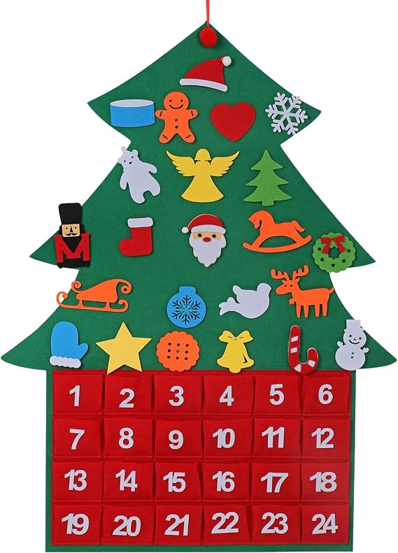 Christmas DIY Advent Calendar Felt Advent Calendar with Pockets Hanging Reusable Countdown Calendar for Kids Christmas Decorations Gifts (Green Christmas tree)
