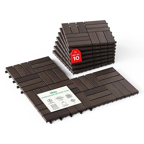 IDZO Interlocking Acacia Deck Tiles 9.6 SQFT,10PCS, Dark Brown, Checker