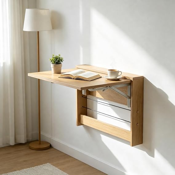 Wall Mounted Folding Table, Floating Wall Desk Fold Down for Small Spaces, Wall Mount Desk for Home Office Computer Workstation,Study Work Bench, Kitchen Dining (24.8 * 16.3inch, Wood Color)