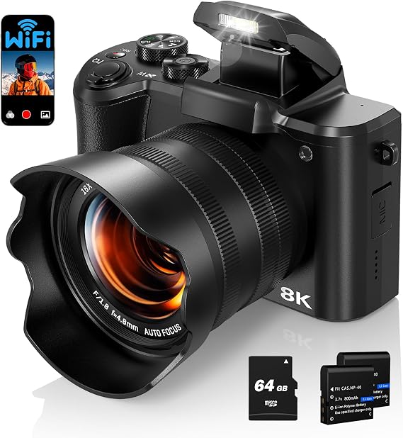 Fulealfly 8K Digital Camera for Photography and Vlogging, 88MP Autofocus WiFi, Front and Rear Lenses, Flash, Touch Screen, Lens Hood, 64GB Card, 2 Batteries (Black)