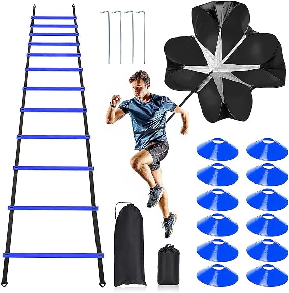 Pro Speed Agility Training Set,Includes 12 Rung 20ft Adjustable Agility Ladder with Bag,12 Sports Cones,4 Steel Stakes,1 Resistance Parachute for Adults Football Speed Training Workout