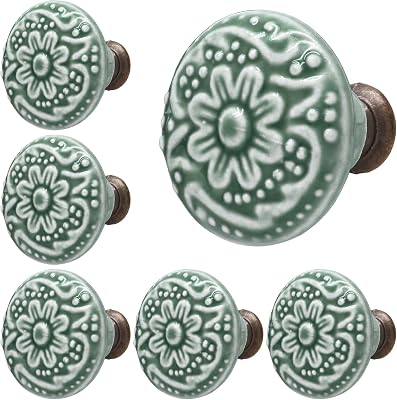 Piutouyar Green Ceramic knobs, Kitchen Cabinet Knobs, Retro Dresser Knobs, Drawer Knobs, Furniture Decorative Knobs and Pulls for Drawer, Dressers, Cupboard, Closet, 34mm  1.3Inch Diameter10Pcs