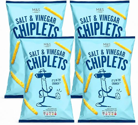 M&S Salt & Vinegar Chiplets 100g - Pack of 4 Crunchy Potato & Corn Snacks Flavour Crispy Sharing Snack