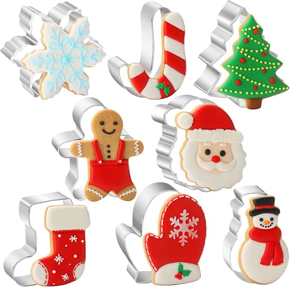 KRY 8PCS Large Christmas Cookie Cutters Set, Holiday Cookie Cutters Shape Gingerbread Men, Christmas Tree, Snowflake, Candy Cane, Santa Face, Snow Man, Stocking, Mitten for Winter Baking