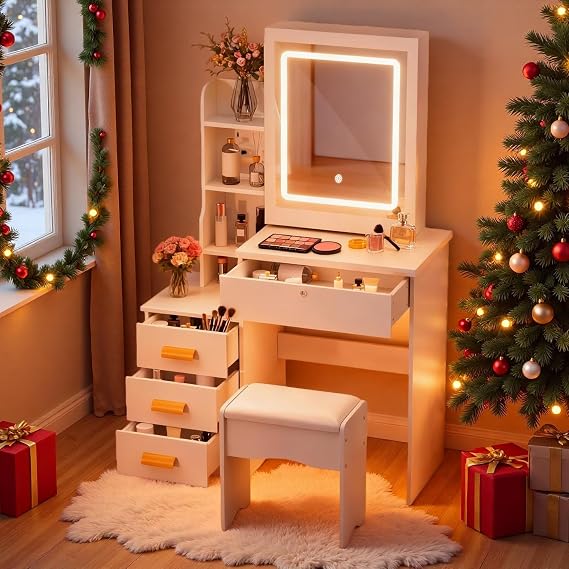 Dressing Table with LED Lights and Adjustable Brightness, Vanity Desk with Mirror, 4 Drawers, 6 Hidden Shelves, and Stool, Makeup Desk (4 Drawers, Square Lighted Mirror (Right-Pull))