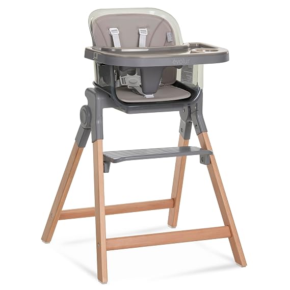 Evolur Tiny Throne 3-in-1 Convertible High Chair, Removable & Dishwasher Safe Tray, Converts to Booster Seat & Adult Stool, Easy-to-Clean Feeding Solution Fossil Gray