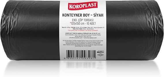 Konteyner Boy Çöp Torbası Siyah 10’lu 120x150 cm, Yırtılmaya Dayanıklı, Konteyner Boy Çöp Poşeti, Çift Katlı, Geri Dönüştürülebilir, Fabrika, İnşaat, Depo, Kafe, Otel, Hastane, Bahçe