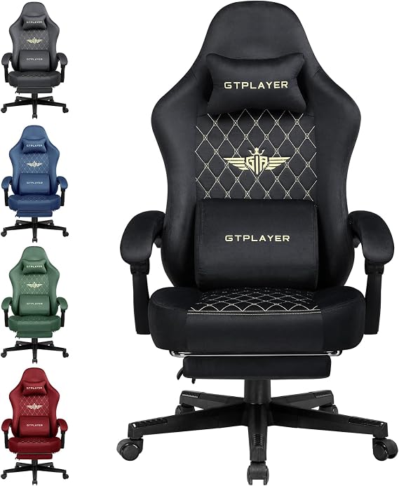 GTPLAYER Fabric Gaming Chair, Ergonomic Computer Chair with Footrest and Lumbar Support Height Adjustable Home Office Chair with 360°-Swivel Seat and Headrest (Black)