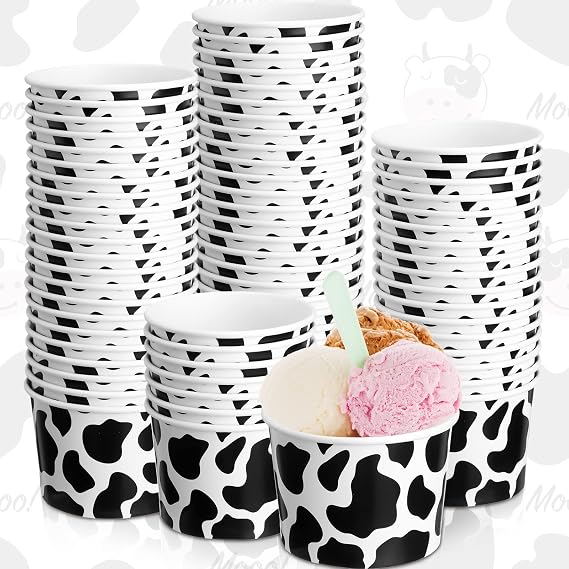 50 Pcs 9 oz Cow Print Ice Cream Cups Disposable Bowls Bulk Paper Soup Cup Cow Themed Food Container for Snack Dessert Animal Fruit Party Supplies Serving Summer Picnic Birthday Farm Favor Decorations