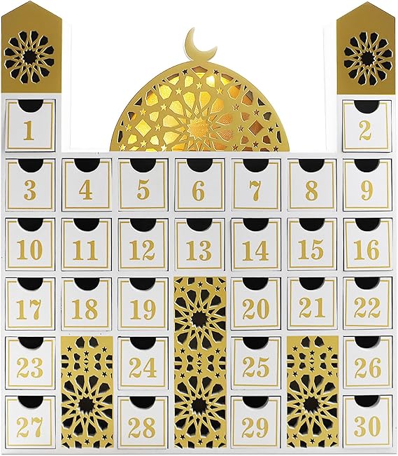 gisgfim Ramadan Wooden Countdown Calendar Eid Mubarak Decorations Mosque Advent Calendar with Drawers Eid Mubarak Countdown Til Eid Gift Ramadan Wooden Craftwork for Kids Ramadan Party Decorations