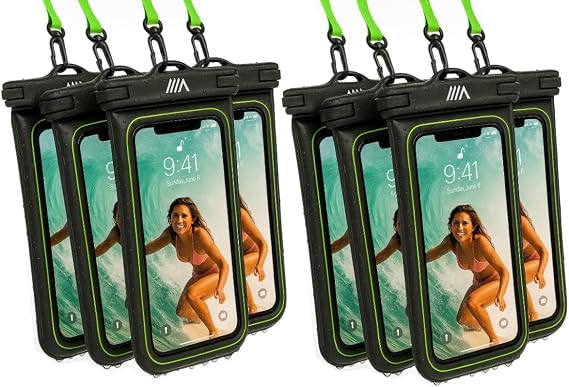 2025 Upgraded 8 Pack Black - IP68 Waterproof Phone Pouch Floating Design No Sink Waterproof Phone Case - Beach Pool Travel Essentials - Works w/All Phones - Detachable Lanyard - Black/Hi-Vis Green