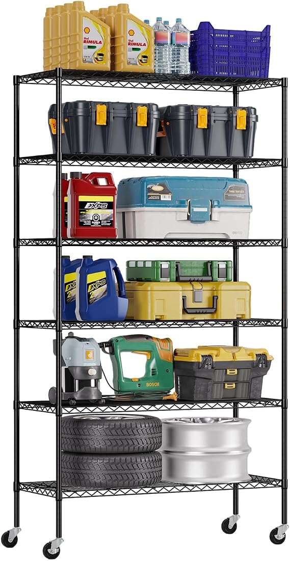 FDW | 6-Tier Wire Shelf with Wheels | 45" x 18" x 82" | Black