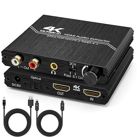 4K@60H HDMI Audio Extractor, SPDIF, RCA & 3.5mm Output | HDMI to Optical SPDIF + 3.5mm Stereo + RCA L/R Audio Adapter Converter with Volume Control Support HDCP 2.2 HDR 3D YUV 4:4:4