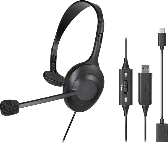 Audio-Technica ATH-101USB USB Wired Headset, Single Ear, Noise Cancelling, Microphone Included, Headphones, Lightweight, Soft Earpads, Hand Controller, Antibacterial/Deodorizing Treatment, Type-A Type-C Compatible, Windows, Mac, Chrome, Web, Conference, Telework