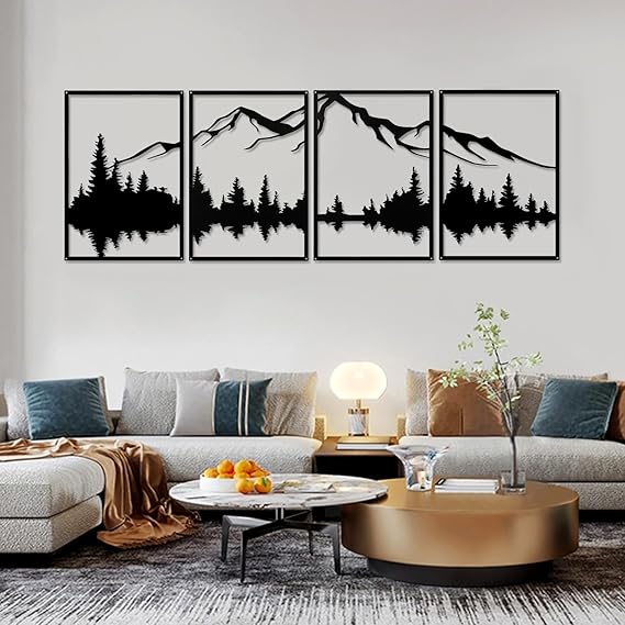 YIYA 4 Pcs Mountain Metal Wall Art - Large Forest Decorative Black Metal Wall Decor - Vertical Wall Sculptures for Home, Living Room, Bedroom (landscape-2)