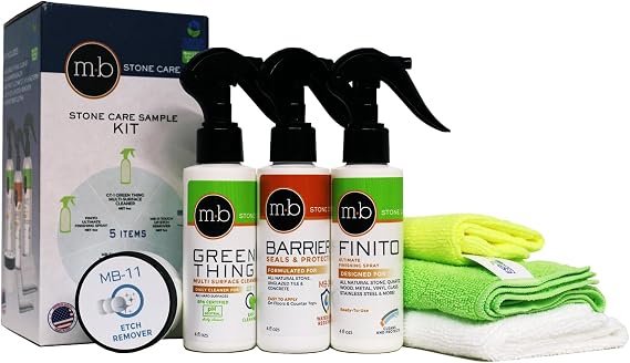 Marble Etch Remover & Polishing Kit Repairs Acid Burns, Water Rings, and Dull Spots Includes MB-11 Powder, MB-5 Cleaner, and Finito Spray Works on Light Marble, Travertine, and Limestone