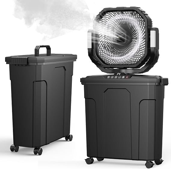 Ausic Outdoor Misting Fan for Outside, 5 Gal 12" Pro Portable Mister Fan with Water Box, 30000mAh Rechargeable Cooling Fan with Adapter, LED Light, Timer, Caster, for Patio/Sports/Camping Essentials