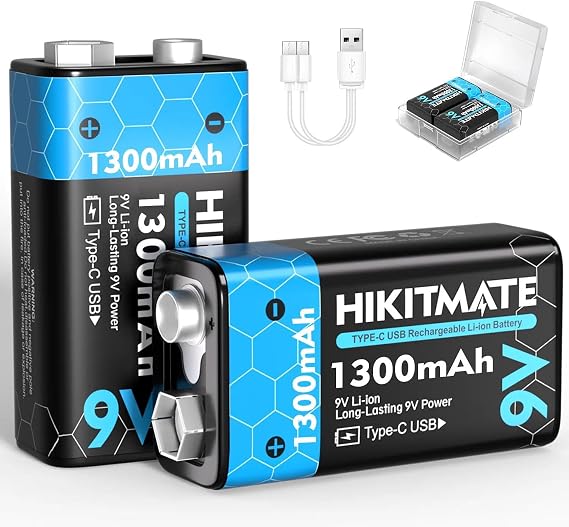 1300mAh Rechargeable 9V Batteries Lithium USB C, 2 Pack