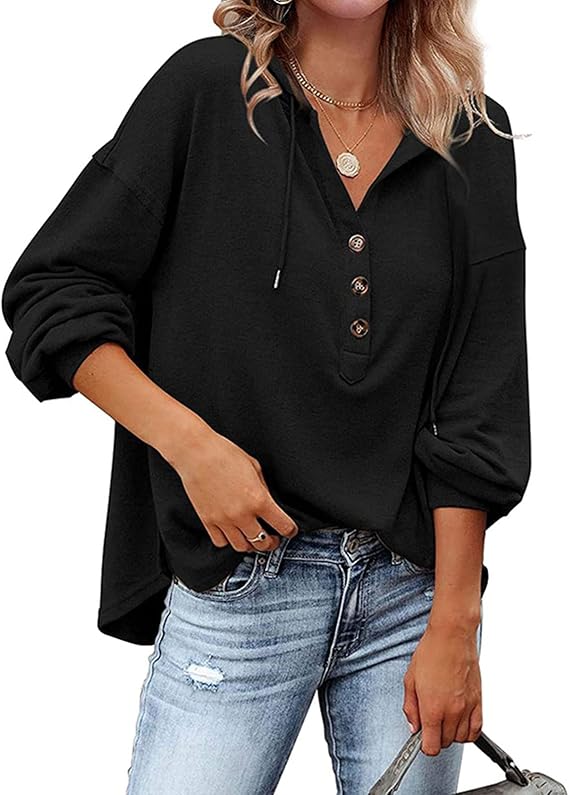 ASHER FASHION Womens V Neck Long Sleeve Henley Shirts Button Down Sweatshirts Hoodies Tunic Tops with Drawstring