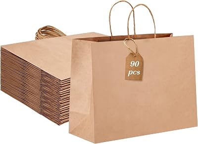 Moretoes 16x6x12 Inch 90pcs Brown Paper Bags with Handles Large Kraft Paper Gift Bags Bulk for Boutiques, Small Business, Retail Stores, Gifts, Merchandise