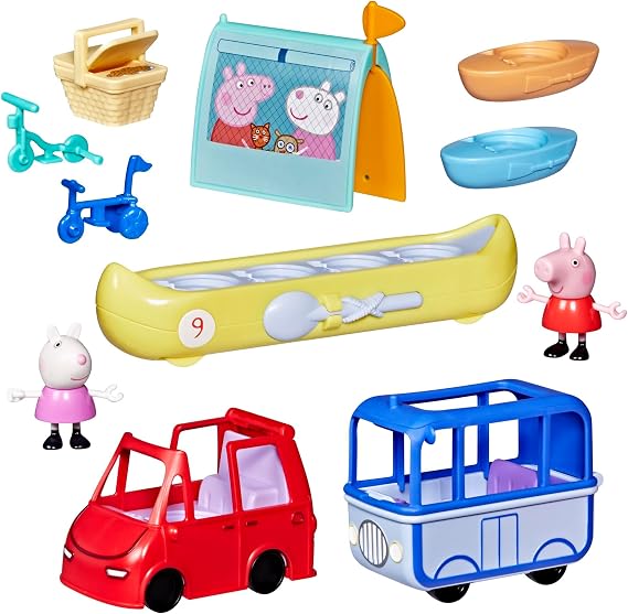 Peppa Pig Peppa's Travels: Outdoor Adventure Playset, 2 Figures with Mini Car and Bus, Boats, Tent, and More, Preschool Toys for Girls and Boys 3+
