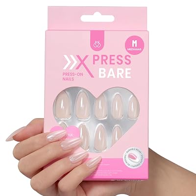 Beetles X PRESS BARE Press On Nails-Graceful Bloom | Medium Almond Press On Nails | 30Pcs 15 Sizes Natural Salon Quality Nail Tips With Quick-drying Nail Glue & Cuticle Oils For Women