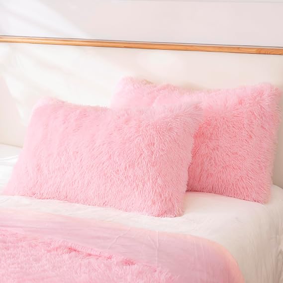 Faux Fur Fluffy Fuzzy Plush Pink Pillow Case Set of 2, Soft Decorative Pillow Covers for Bed, Bedroom, Living Room, Zipper Closure, Standard Size (20"x26", Pink)