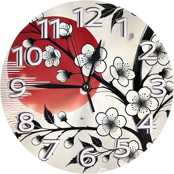 Silent Sweep 10‑inch Round Quartz Wall Clock Flower Blossom Red Sun Japan Clock Number Non‑ticking Clock For Home,Kitchen