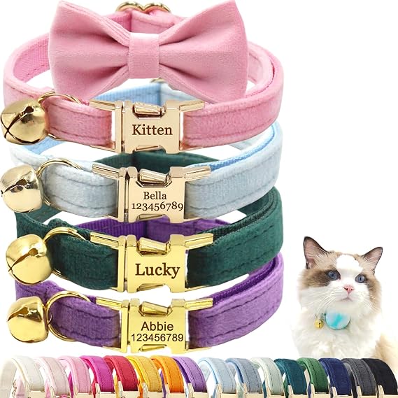Cat Collar with Name Tag, Bell, Air-Tag Holder, Bow-Tie, Personalized Cat Collars for Boys Girls Kitten, Custom Engraved Small Large Female Male Pet Cats Collar with ID Tags Soft Cute Velvet