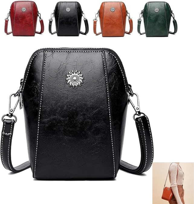 Elmyse Crossbody Bag Leather, Retro All-Match Vertical Cellphone Bag, Leather Crossbody Cell Phone Bag Purse for Women