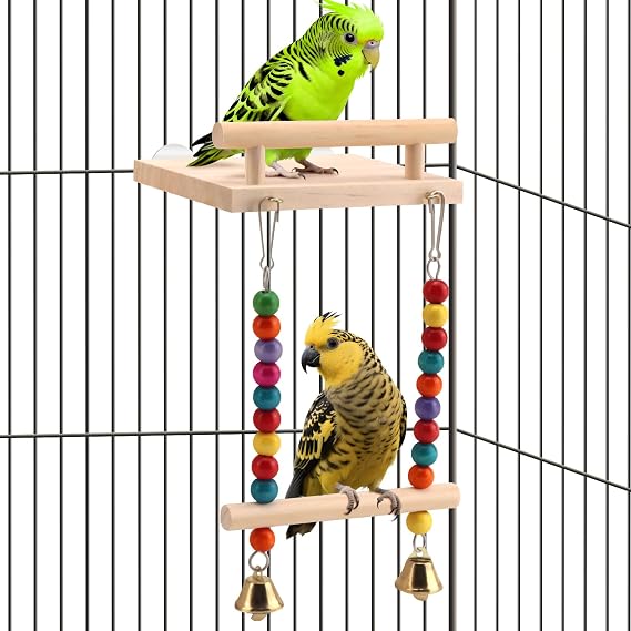 Natural Wood Bird Swing & Perch Platform for Cage