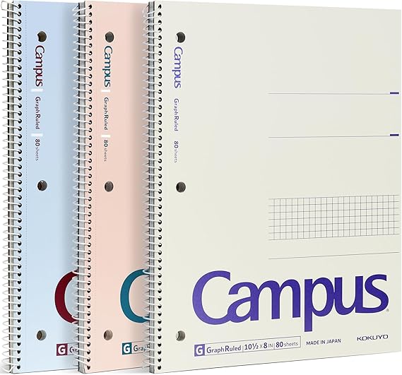 KOKUYO Spiral Notebook with 5x5 Graph Paper, 3 Pack Campus 10-1/2" x 8" Subject Notebooks, 80 Sheets, Light Pink Blue Off-White 3 Holes School Spiral Journal for Study Planner Drawing (WSG-SU-400G43)