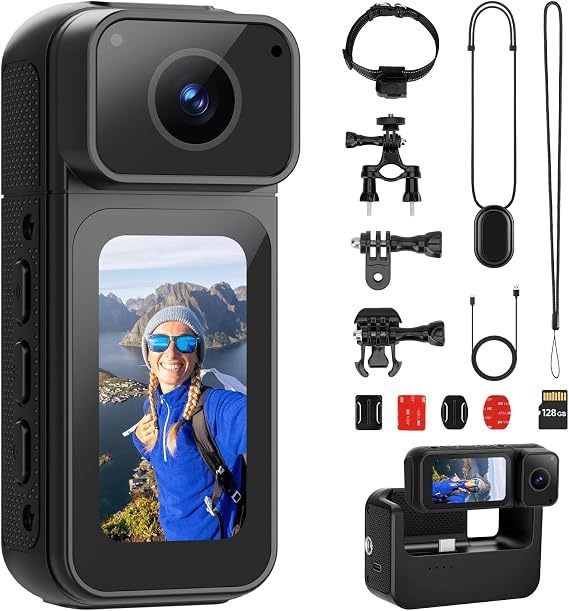 Mini Body Camera 128G with 1.47 LCD Screen, 2.7K Thumb Size Action Cam