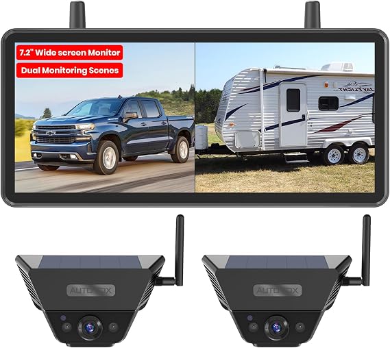 AUTO-VOX 2 Solar Backup Camera Wireless for RVs, Flexible Monitoring | 7.2" HD 1080P Monitor, Dual Camera System, Strong Magnetic Scratch-Proof Rear View Camera for Trucks, Campers, SUVs, Cars