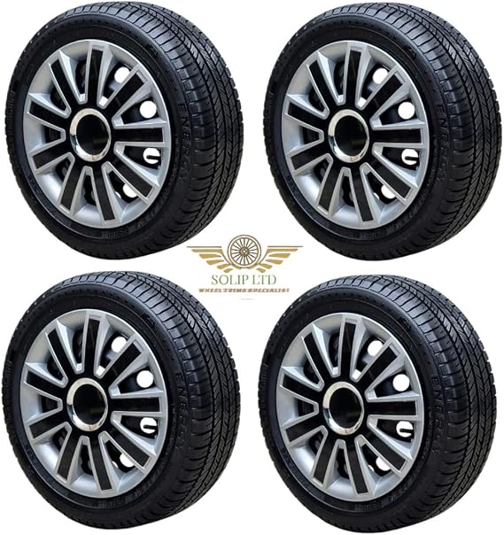 SOLIP 14 inch wheel trims - Hubcaps - Set of 4 Alloy wheels look covers - Silver/Black - colour choice - 14" wheel trims (FS)