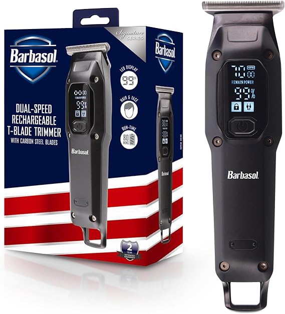 Barbasol T-Blade Trimmer, Rechargeable Hair and Beard Trimmer for Men, Dual Speed Hair Trimmer with 6 Clipper Guide Combs, LED Display, Clipper Oil, Brush, Travel Bag