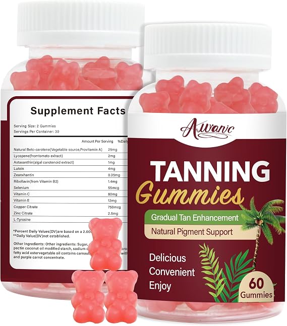 60 Count Bronze Bites Tanning Gummies for Women that Work Fast Without Sun, Self Tan Daily Chews Gummy with Beta Carotene Astaxanthin Lycopene zinc (Citrate) Vitamins for Skin Health