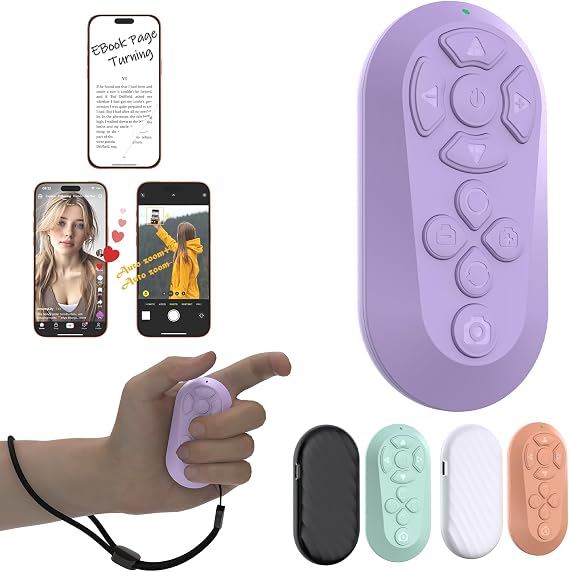 Bluetooth Remote Controller for TikTok Scrolling/Camera/Video Recording/Kindle App Compatible with iOS/Android (Light Purple)