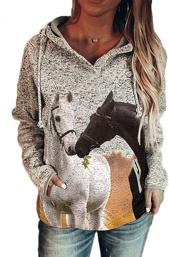 IVERIRMIN Horse Hoodie for Women, Long Sleeve Horse Print Hooded Sweatshirt with Pockets Button Up Drawstring Hoodie
