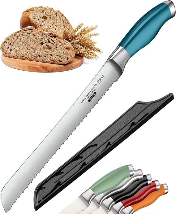 Orblue Serrated Bread Knife with 10-inch Upgraded Stainless Steel Razor Sharp Wavy Edge Width - Bread Cutter Ideal for Slicing Homemade Bagels and Cake (Lake Blue)