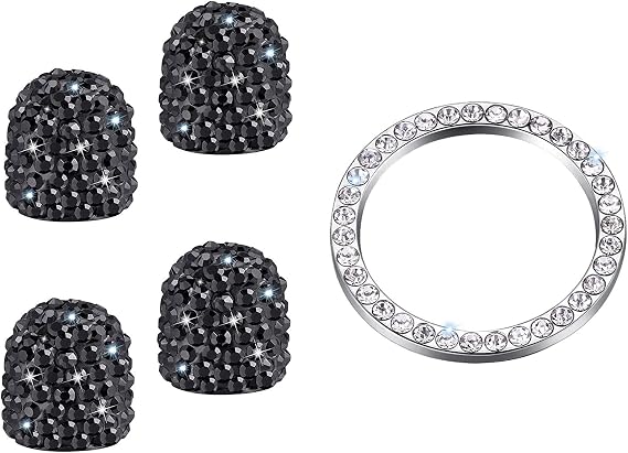 Accretion Valve Stem Caps, 4 Pack Handmade Crystal Rhinestone Universal Car Tire Valve Caps Chrome, 1 Piece Ring Emblem Sticker for Auto Ornaments, Attractive Dustproof Bling Car Accessories, Black