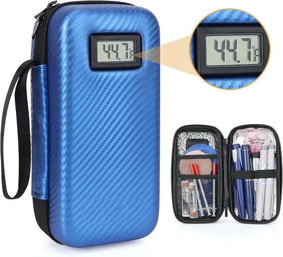 Insulin Cooler Travel Case with 2 TSA Approved Gel Ice Pack, Temperature Display Refrigerated Medicine Travel Case for Insulin Syringe and Diabetic Supplies (Blue)