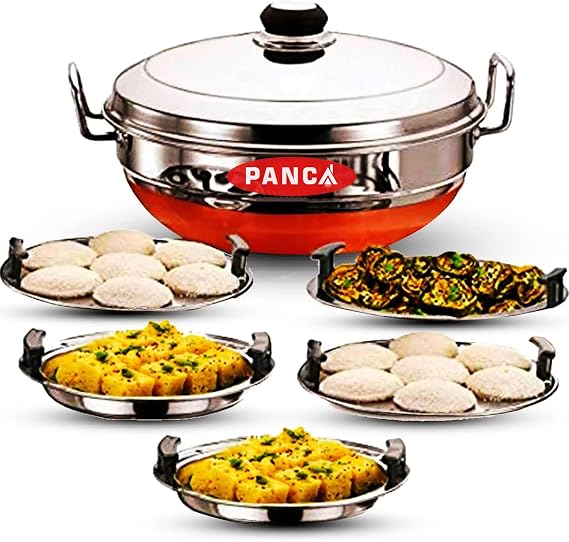 PANCA Stainless Steel 5 Plate Idli Cooker Multi Kadai 2 Idli Plate | 2 Dhokla | 1 Patra | Momo Steamer,Copper Bottom Idli Maker Stainless Steel Idly Pot, 15 Litre