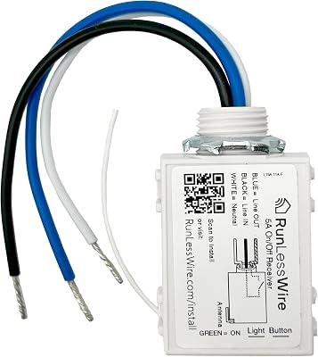 RunLessWire 5 Amp OnOff Receiver Add-On RF Relay Compatible with Self-Powered Kinetic Wireless Light Switches to Control Electrical Circuit Remotely Easy DIY Install 100-240VAC, Indoor Use