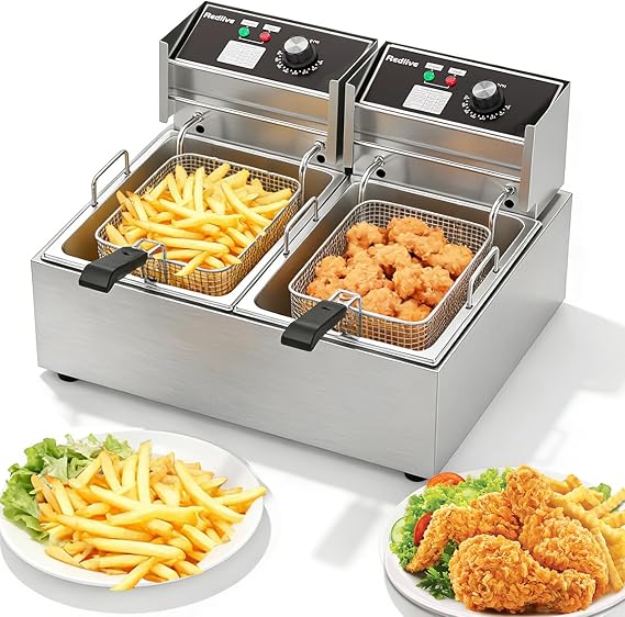 Commercial Deep Fryer with Basket 21QT/20L Stainless Steel Large Capacity | 3400W, 2 Independent Baskets, Countertop, Commercial & Home Use