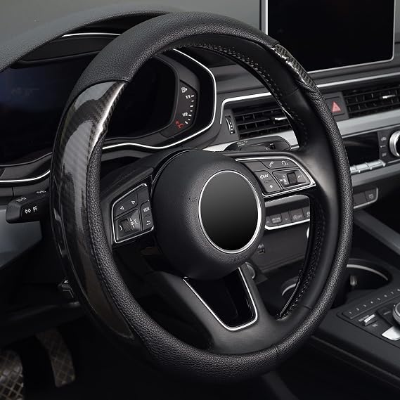 KAFEEK Carbon Fiber Steering Wheel Cover for Men, Car Accessories, Black