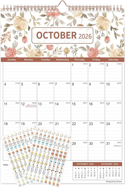 Calendar 2026, Mokani Large Monthly Wall Calendar 2026-2027(Jan.2026 to Jun.2027), 12" x 17" with 234 Stickers, Plastic Cover for Home, Office & School