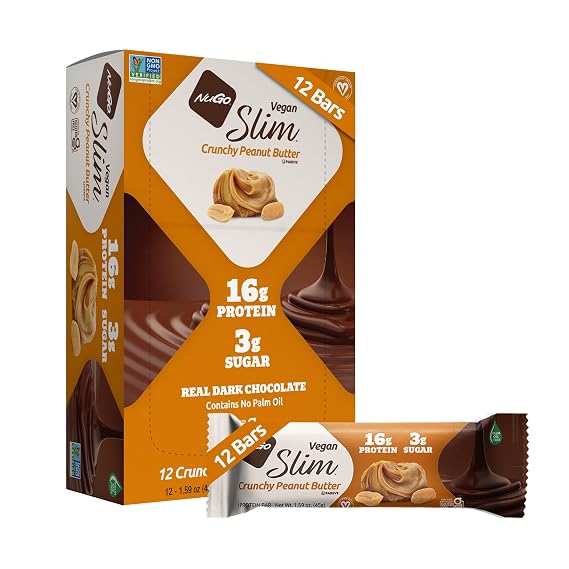 NuGo Slim Dark Chocolate Crunchy Peanut Butter, 17g Vegan Protein, 3g Sugar, 7g Fiber, Low Net Carb, Keto Friendly, Gluten Free, 12 Count