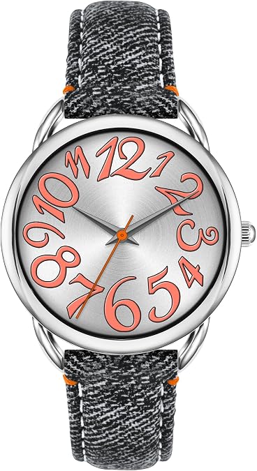 Bisley Women Watch Big Arabic Numbers Dial Easy to Read Denim Leather Strap Watch